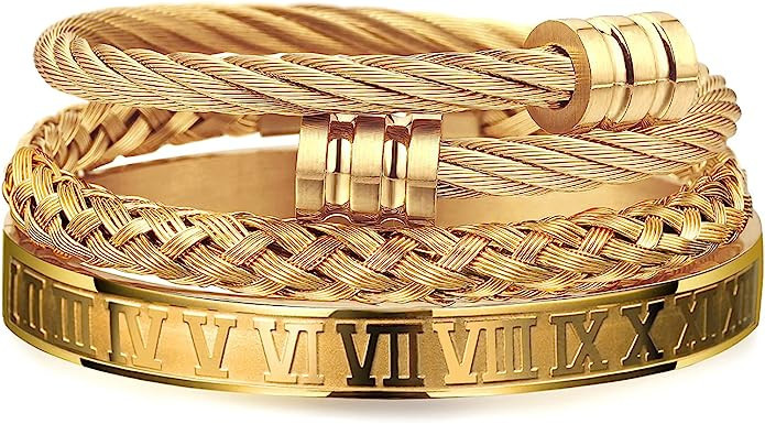 WFYOU 3PCS Stainless Steel Bracelets for Men Gold Roman Numeral Bangle Bracelet Twisted Cable Bra... | Amazon (US)
