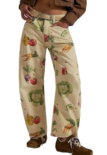 loveimgs Women Boyfriend Baggy Barrel Jeans Floral Print Denim Ankle Pants Wide Leg Mid Rise Jeans Sweatpants Y2k Patchwork (Small,Vegetable) | Amazon (US)