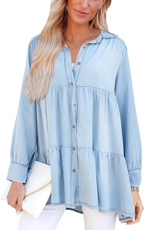 Angeun Womens Denim Shirt Casual Peplum Tops Button Down Long Sleeve Shirt V Neck Ruffle Hem Loos... | Amazon (US)