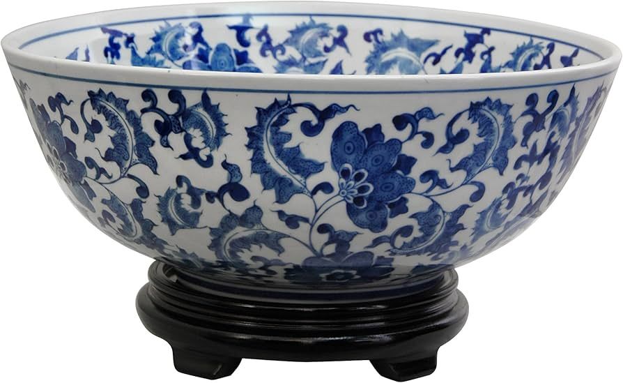 Oriental Furniture 14" Floral Blue & White Porcelain Bowl | Amazon (US)