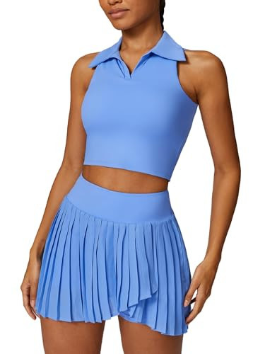 Women 2 Piece Tennis Dresses High Waisted Pleated Skirt Sets Seamless Golf Outfits Sleeveless Racerback Padded Crop Top | Amazon (US)