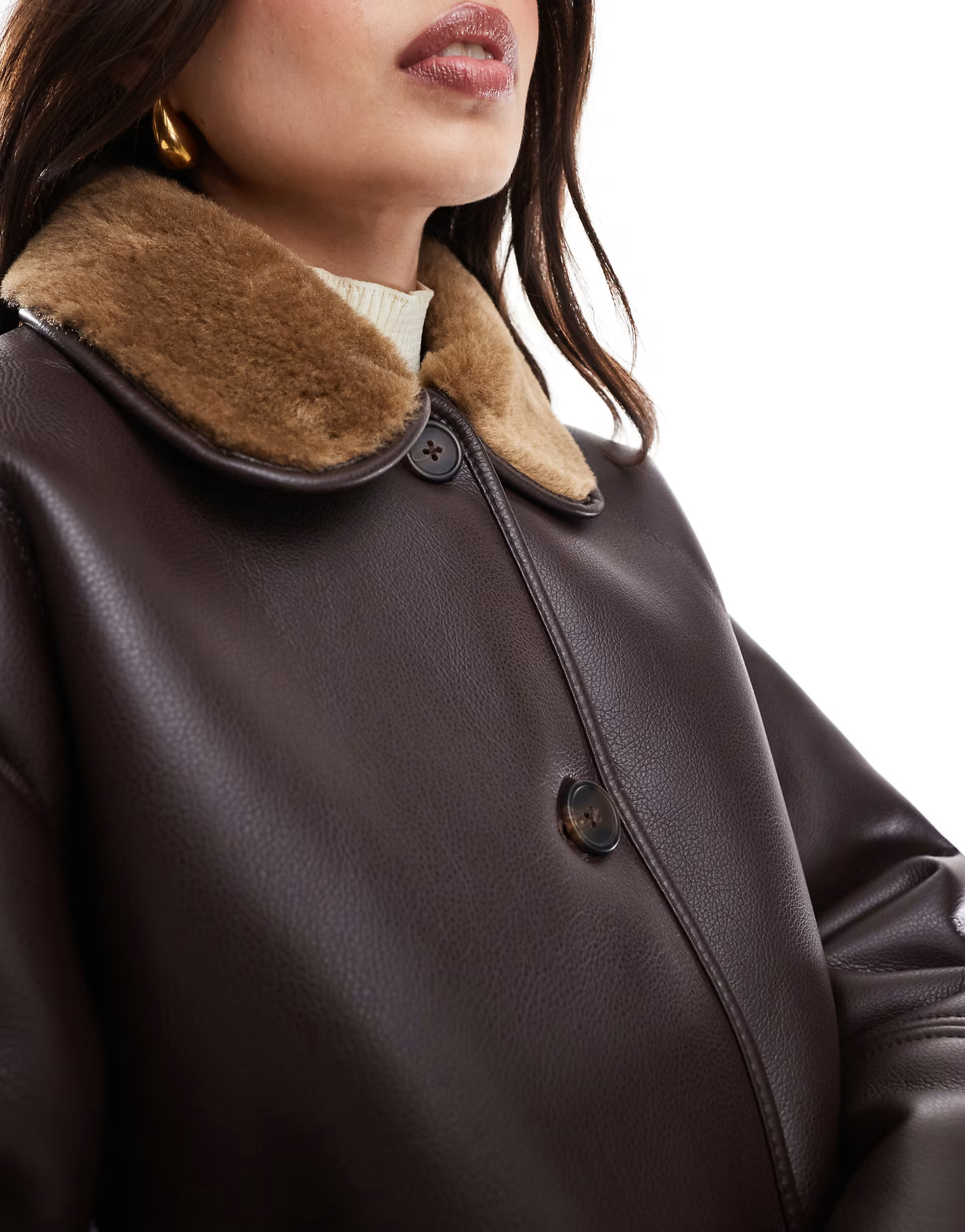 Pull&Bear faux leather coat with contrast shearling collar in dark brown | ASOS (Global)