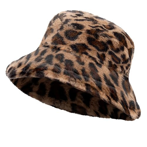 Women Plush Fluffy Bucket Hat Warm Lining Winter Faux Fur Cozy Wide Brim Winter (Leopard) | Amazon (US)