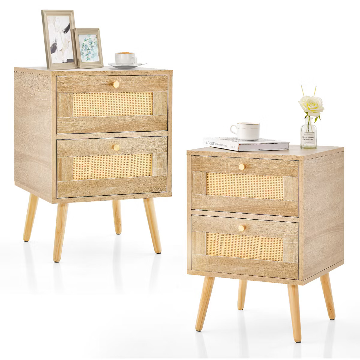 Costway 1/2 PCS Rattan Nightstand Boho Accent Bedside Table with 2 Storage Drawers Natural | Target