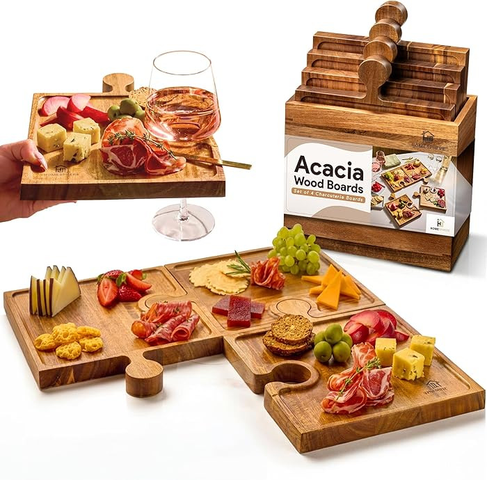 Wooden Charcuterie Boards, Appetizer Tray for Parties & Cutting Board with Handle, Set of 4, Acac... | Amazon (US)