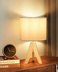 DEWENWILS Mid Century Bedside Lamp, Small Tripod Table Lamp with Linen Fabric Shade, Wood Nightst... | Amazon (US)