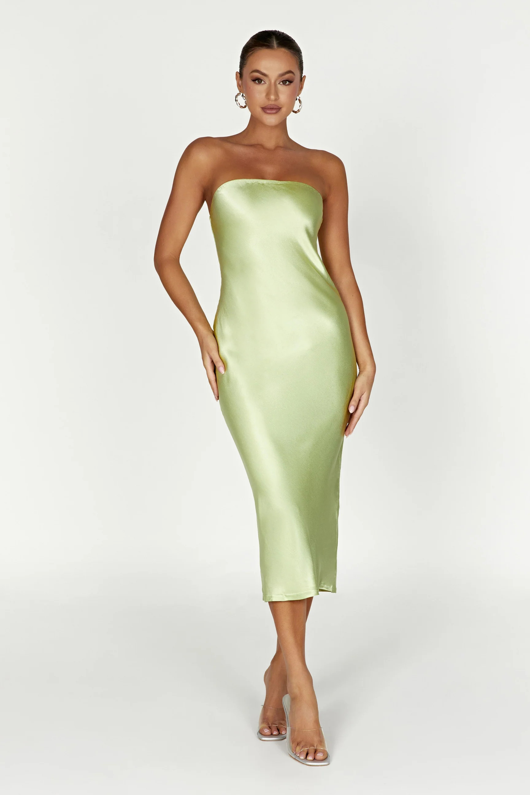 Tyler Strapless Satin Midi Dress - Pistachio Green | MESHKI US