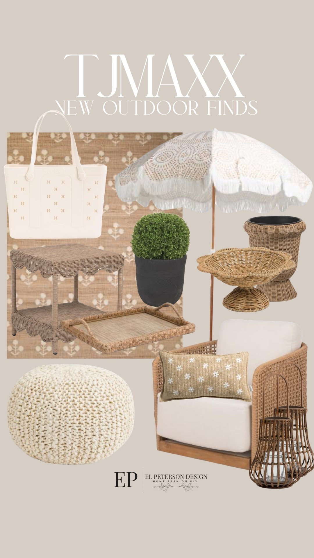 Tjmaxx
New outdoor finds
Rug
Outdoor chair
Outdoor pouf
Bag
Outdoor umbrella
Tray
Potted plant
Planter 

#LTKHome