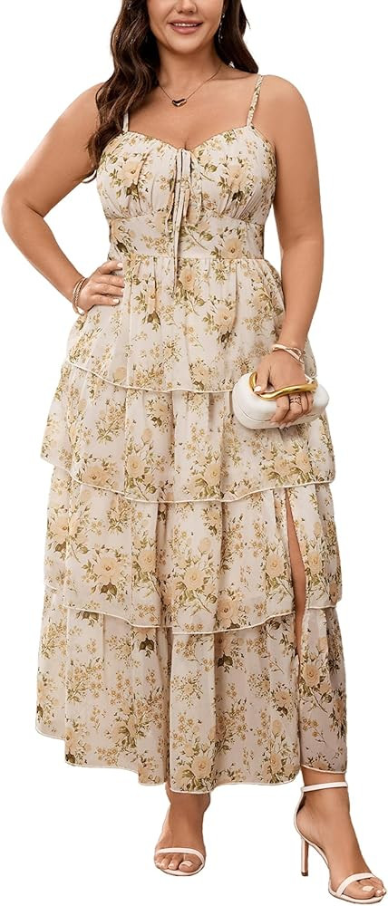 Womens Plus Size Maxi Dress Elegant Wedding Guest Cocktail Party Spaghetti Strap Tiered Ruffle Sl... | Amazon (US)
