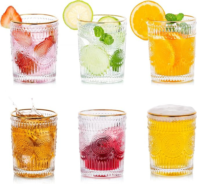 Water Glasses Drinking Cups Set, Vintage Crystal Glassware Sets of 6, Gold Rim Drink Glasses, Aes... | Amazon (US)