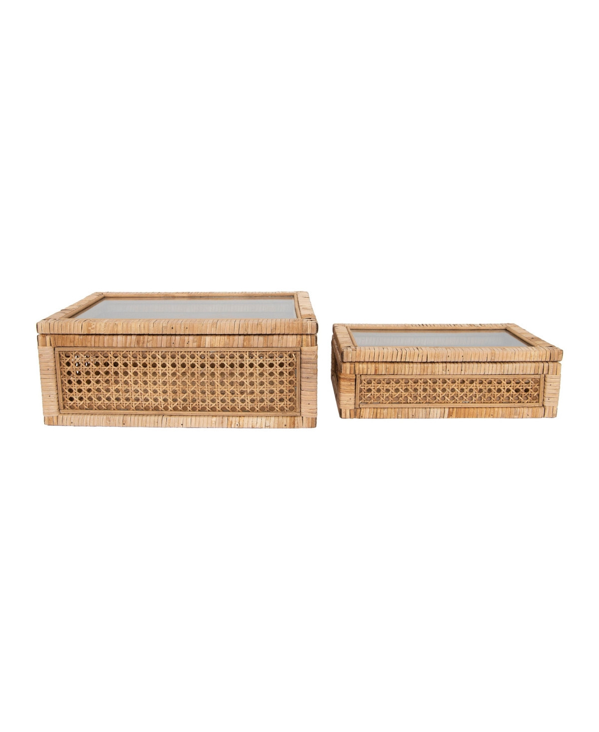 Storied Home Woven Rattan and Wood Display Boxes with Glass Lids, Set of 2 12.5 x 6.75 x 4.25 and 15.5 x 9.5 x 6 inches - Natural | Macy's