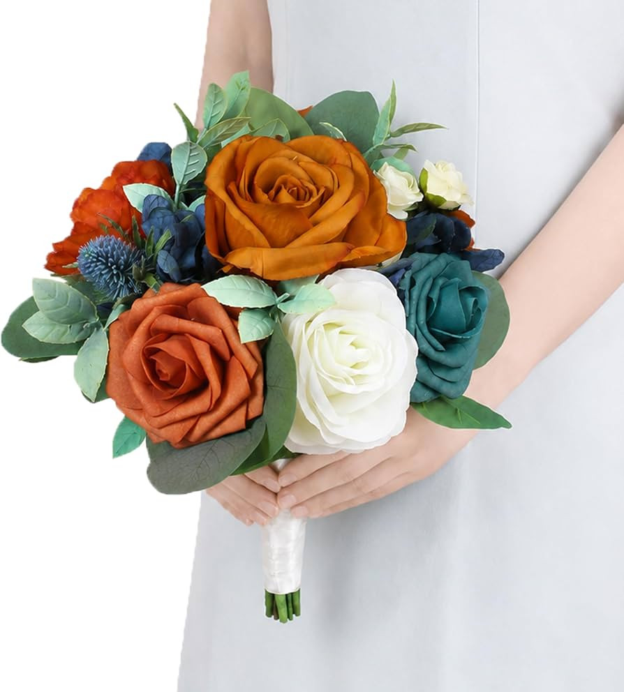 Rinlong 8.2" Navy Terracotta Bridesmaid Bouquet, Fall Wedding Bouquets | Amazon (US)