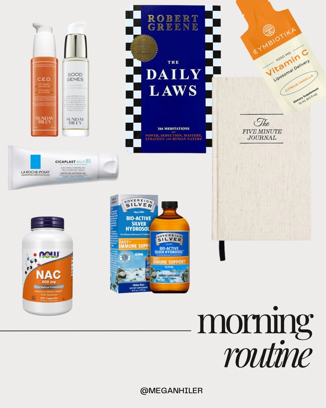 My morning routine lately — simple, intentional, and all about supporting recovery from the inside out.
These are the products I’m actually reaching for daily right now:
	• The Five Minute Journal keeps me grounded + present
	• The Daily Laws sets my tone and focus
	• Cymbiotika Vitamin C + Sovereign Silver are my immune essentials
	• NOW NAC is non-negotiable for cellular support
	• Sunday Riley C.E.O. + Good Genes for the glow
	• Cicaplast Balm B5 to soothe and protect my skin barrier post - surgery

Everything I’m using has a purpose — healing my body, calming my mind, and helping me show up fully 🌟 

#morningroutine #healingfromwithin #brainsandbeauty #amazonfinds #ltkwellness #ltkrecovery #ltkbeauty #realtimeroutine
