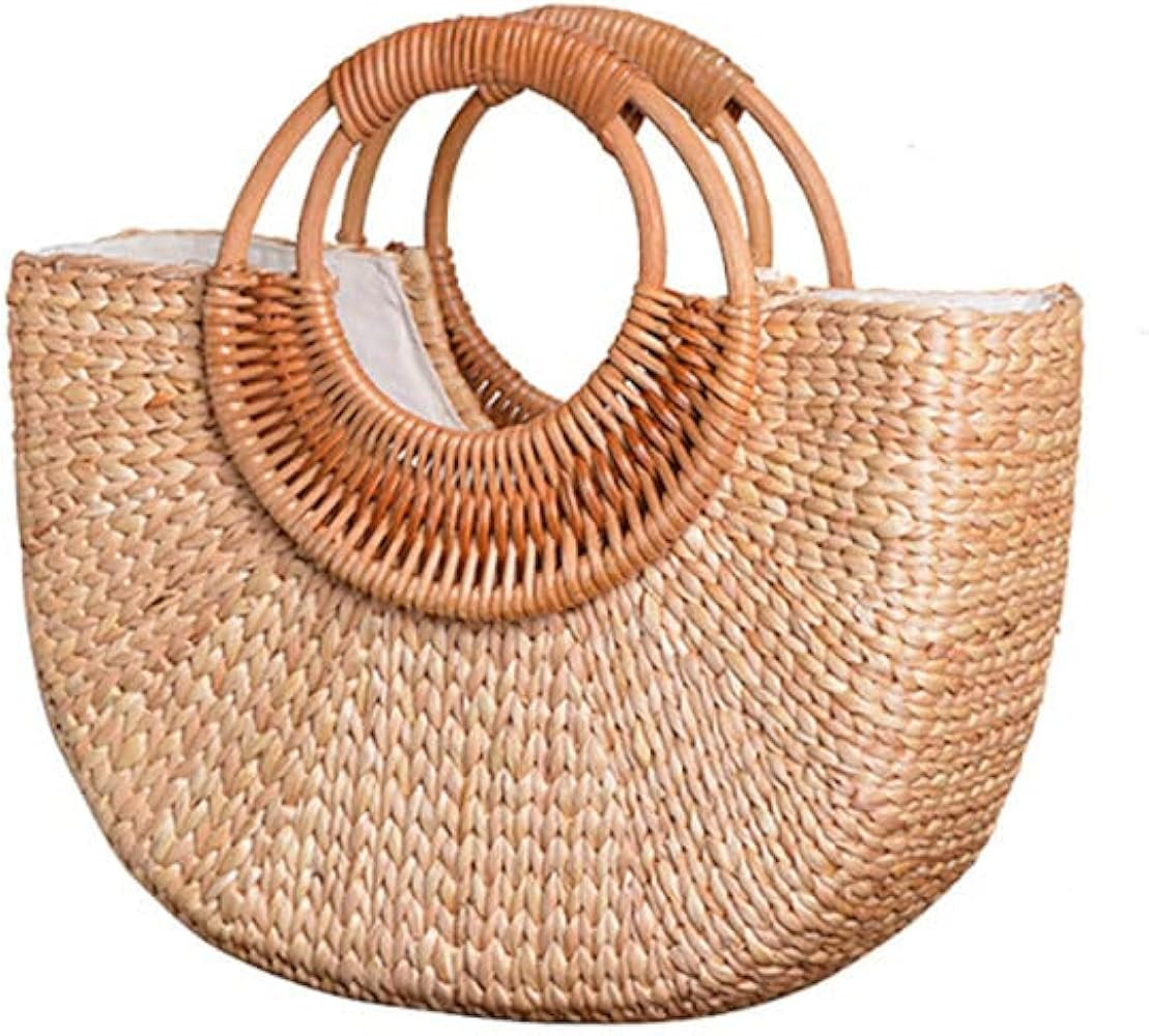 Women's Straw Woven Bag - Large Round Handle Tote Purse - Retro Summer Beach Bag | Amazon (US)