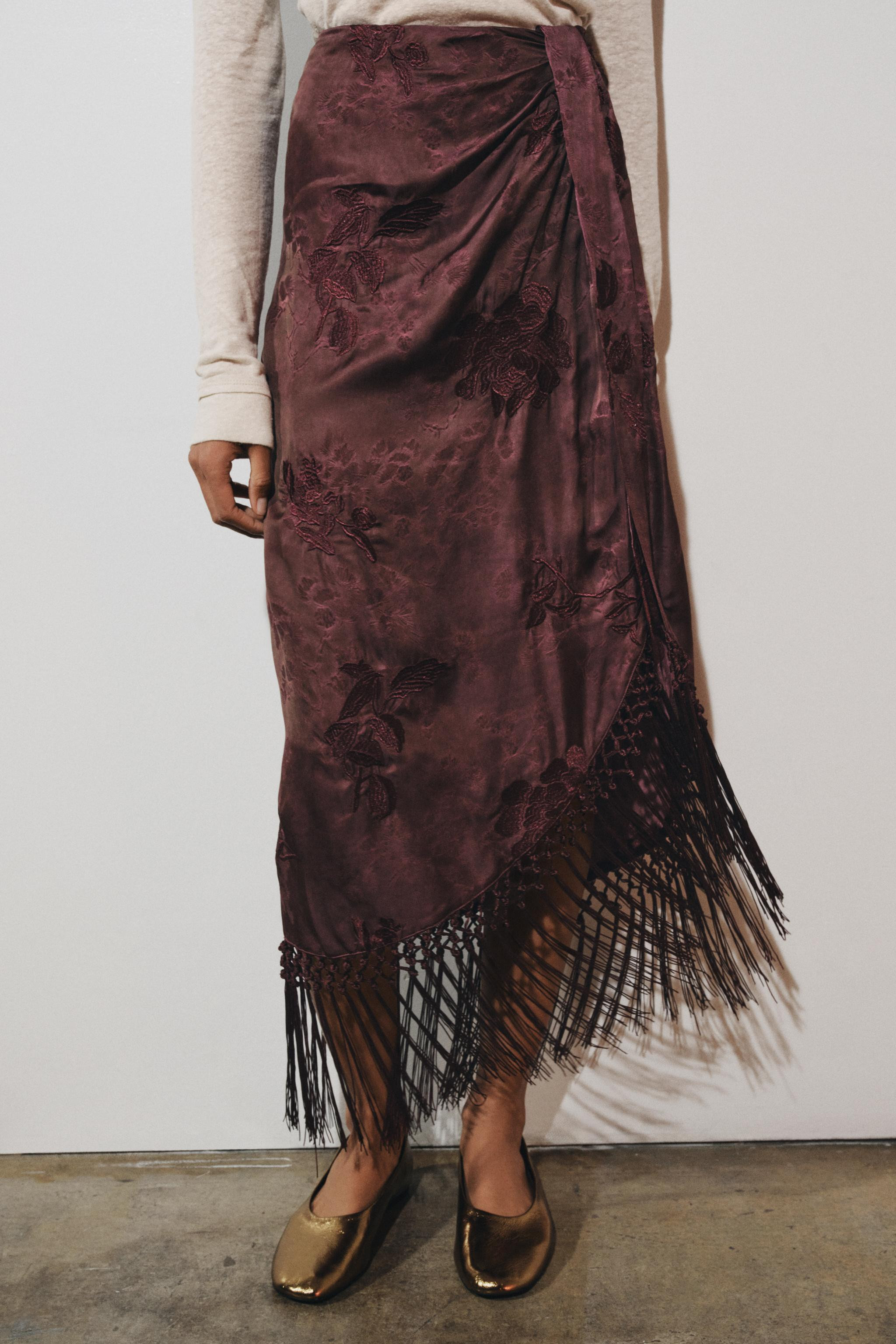 EMBROIDERED FRINGED WRAP SKIRT | Zara US