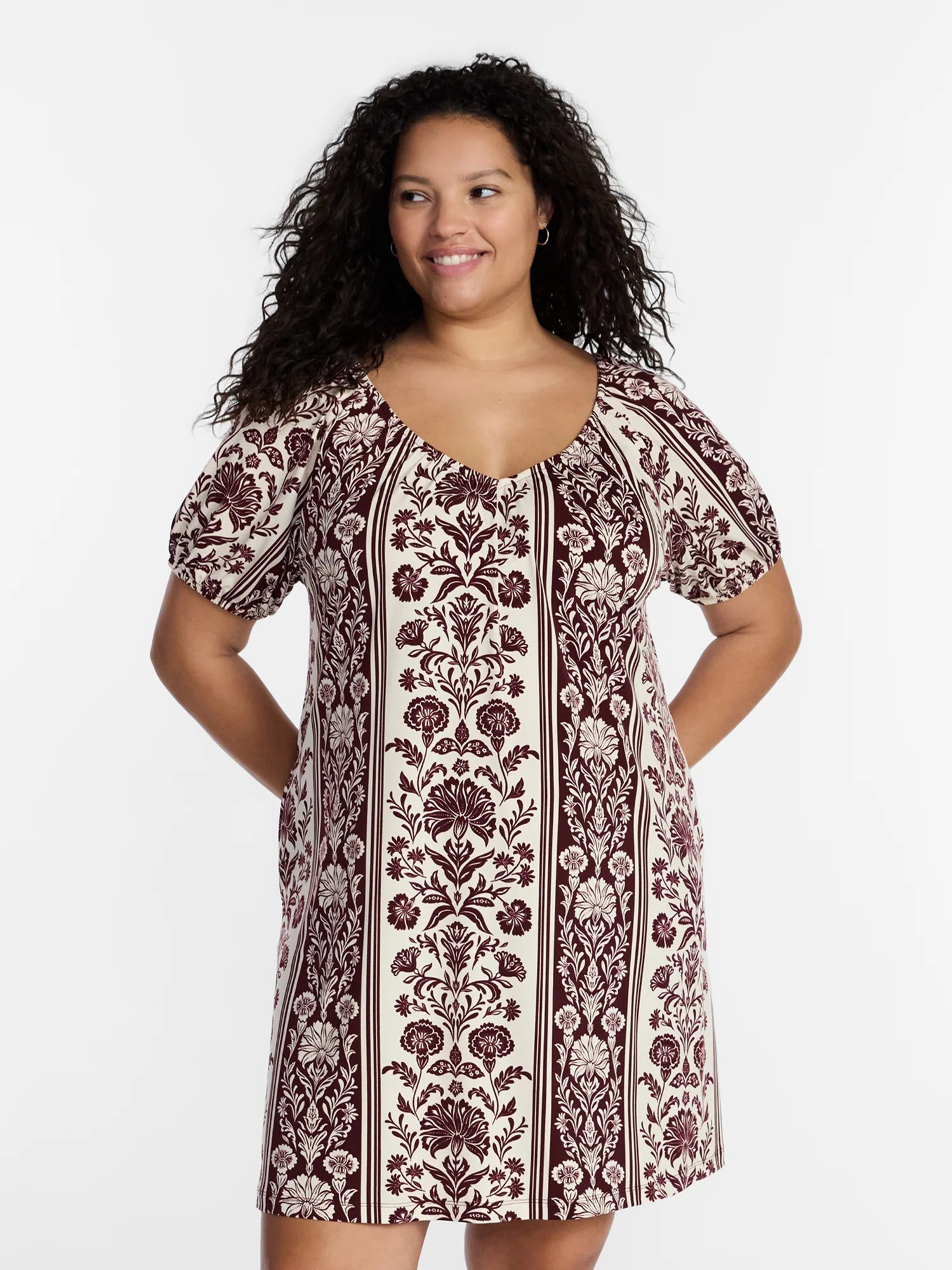 Terra & Sky Women’s Plus Printed Swing Mini Swing Dress with Tie Back, Sizes 0X-5X | Walmart (US)