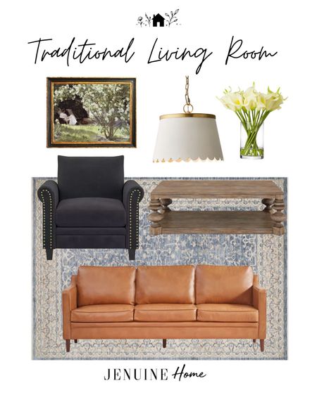 Traditional living room. Black arm chair. Traditional coffee table. Blue traditional rug. Vegan leather couch. Scalloped edged white and gold hanging pendant light. Lily decor. Oil painting art  