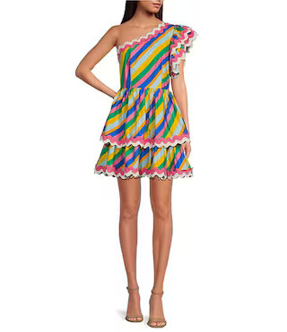 Sugarlips Stripe Print One Shoulder Cap Sleeve Rick Rack Trim Mini Dress | Dillard's | Dillard's