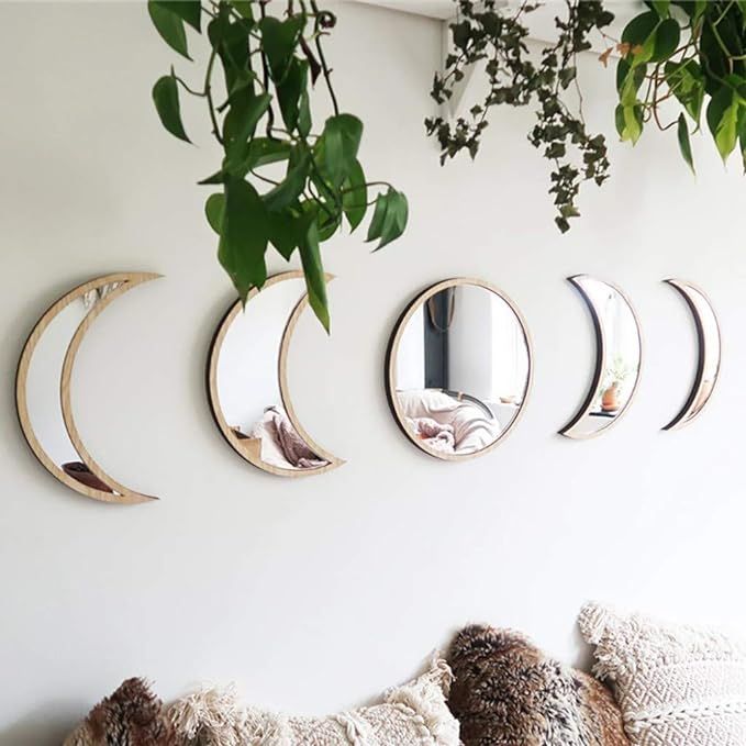 5 Pieces Scandinavian Natural Decor Acrylic Wall Decorative Mirror Interior Design Wooden Moon Ph... | Amazon (US)