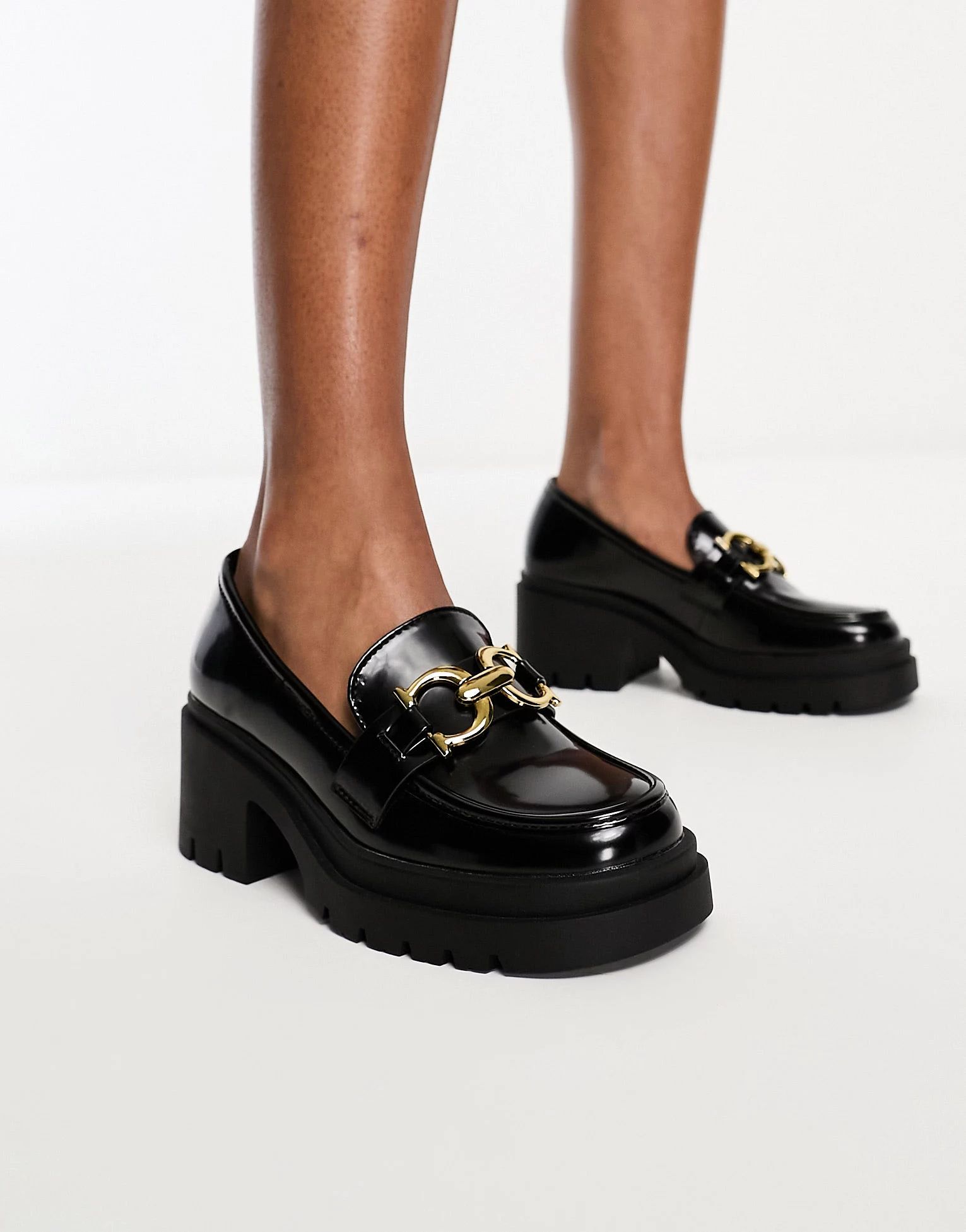 Glamorous chunky mid heeled loafers with buckle in black | ASOS (Global)