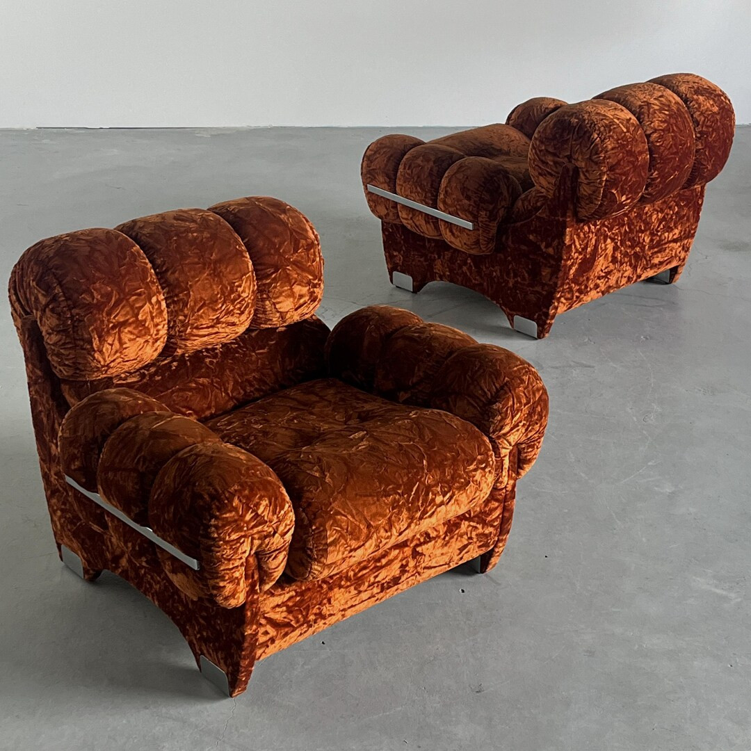 Pair of Vintage Mid-century Modern Italian Armchairs in Dark Orange Velvet Upholstery and Chromed... | Etsy (Global)