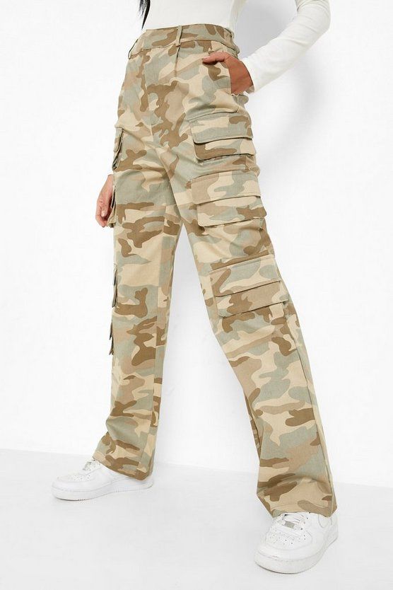 Camo Print Pocket Straight Leg Cargo Pants | Boohoo.com (US & CA)