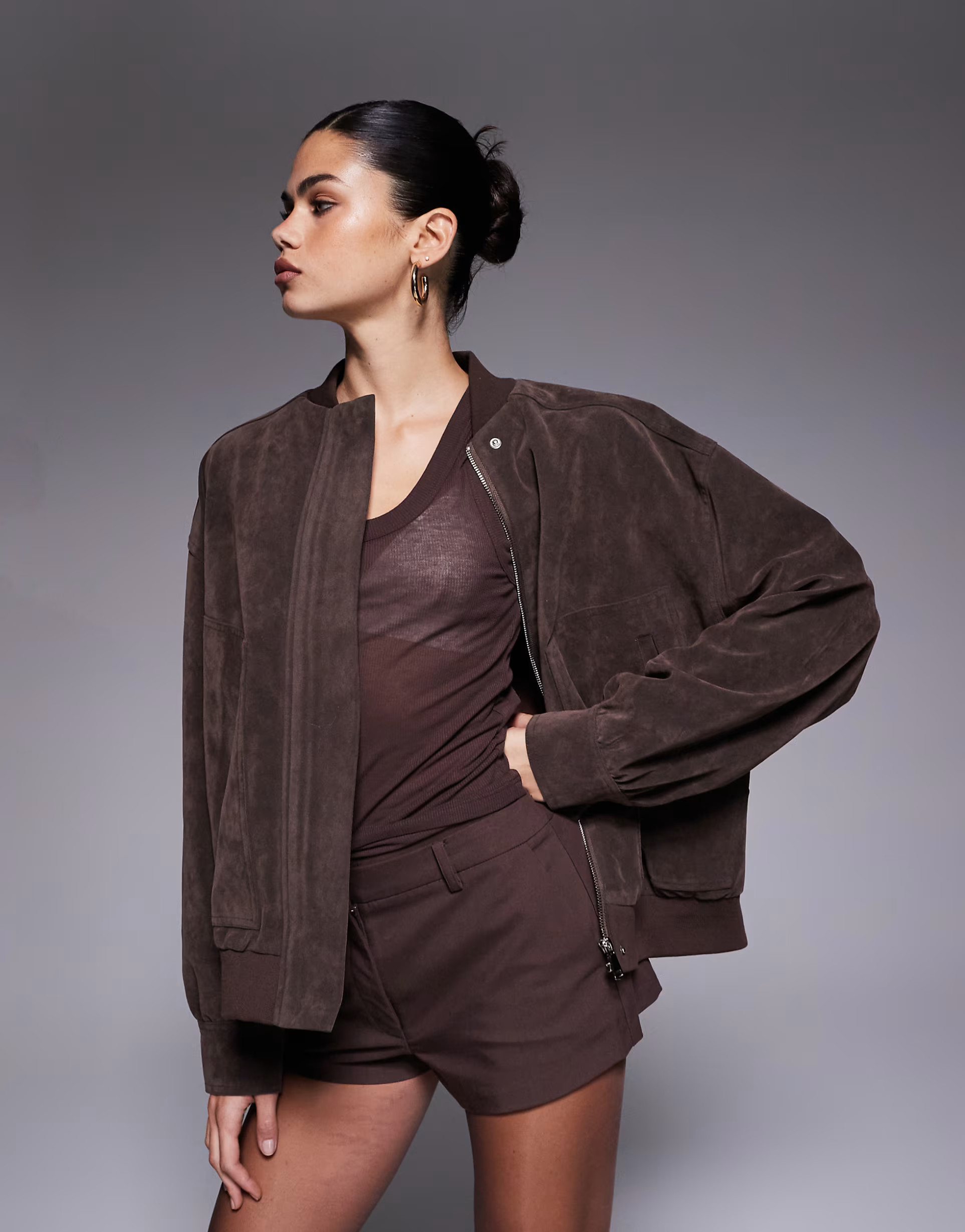 Kaiia exclusive faux suede bomber jacket in chocolate brown | ASOS | ASOS (Global)