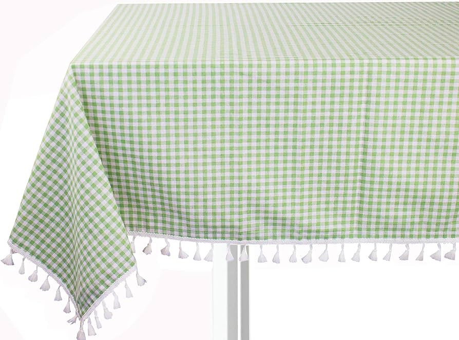 Fennco Styles Gingham Check Tassel Cotton Blend 55 x 70 Inch Tablecloth - Green Table Cover for B... | Amazon (US)