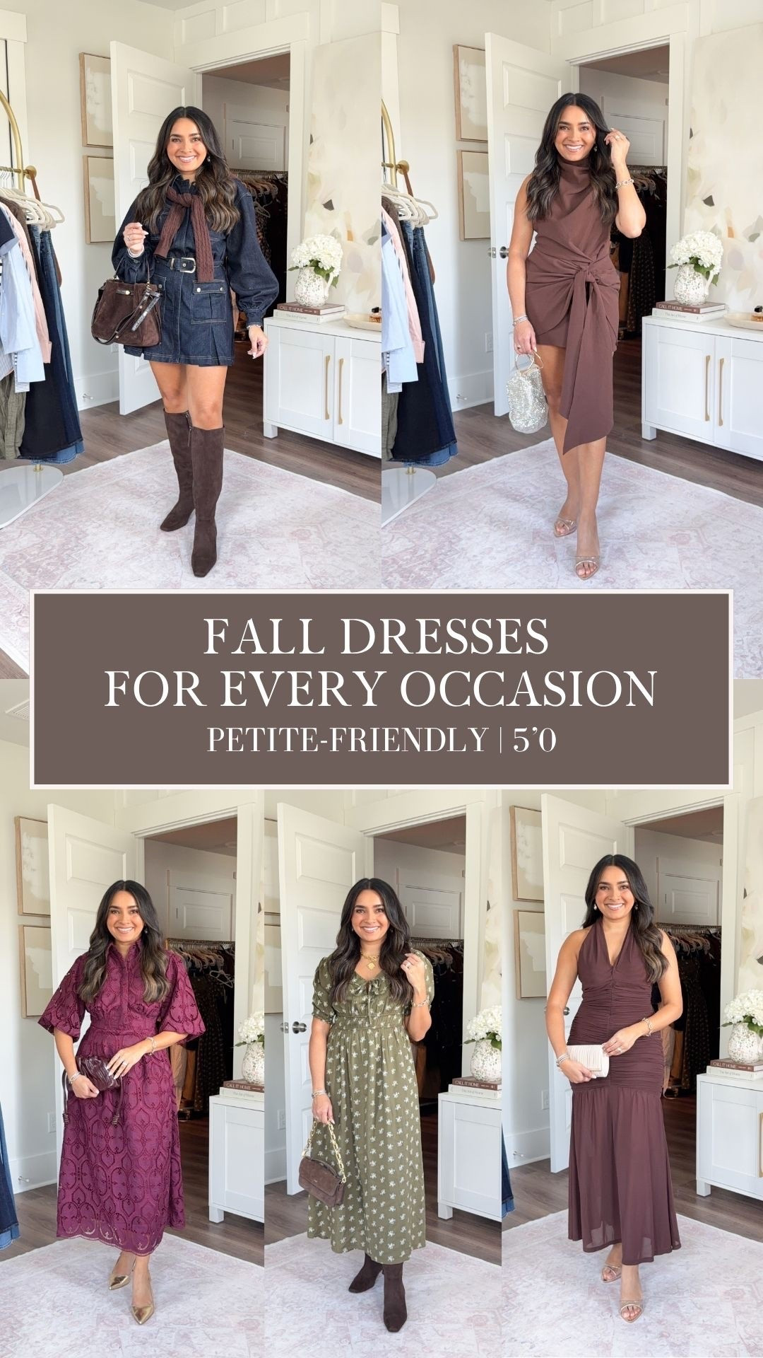 Fall Dresses for Every Event!
For reference: I’m 5’0, petite, 32b bra size, and 2/26 in bottoms, pear shaped. 
*Everything I share is unaltered! TTS means true to size. Between size 5-6.5 in shoes

Denim dress size 2 TTS
Brown cardigan size xxs TTS
Brown boots size 6 TTS

Brown gown size 2 TTS
Gold heels size 5 TTS

Burgundy plum dress size xs TTS - use code RACHEL15 for 15% off!
Gold heels size 5 TTS

Green floral dress size xs petite TTS
Brown boots size 6 TTS

Brown mini dress size xs TTS
Gold heels size 5 TTS

Fall dresses
Petie dress
Fall wedding guest
Apple picking
Family photos
Winery
Fall fashion haul

#LTKWedding #LTKPetite #LTKootd