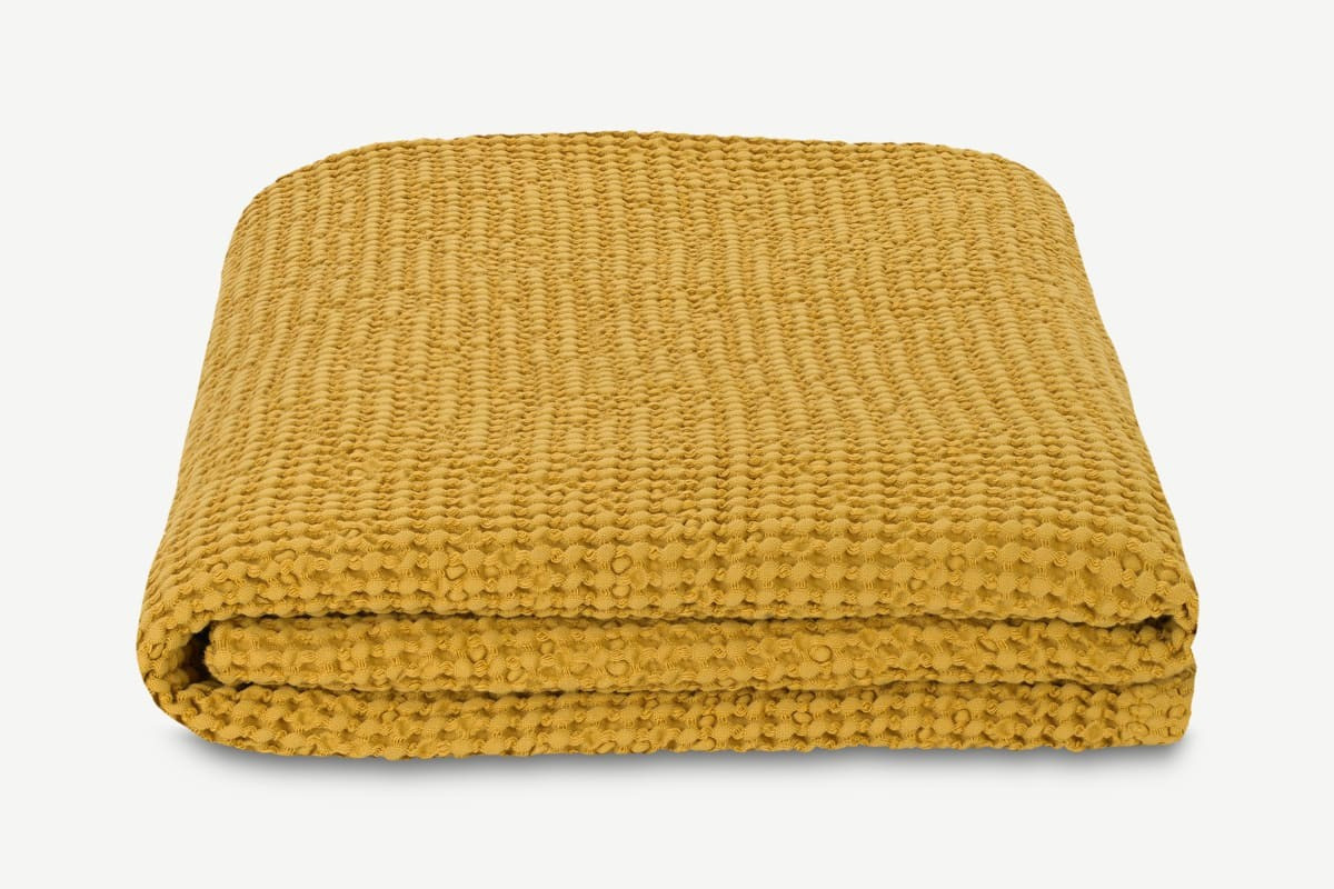 Grove 100% Cotton Stonewashed Waffle Bedspread, 150 x 200cm, Mustard | MADE.com | Made.com UK