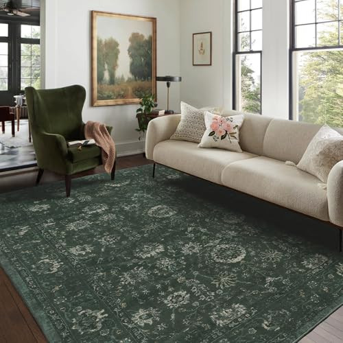 LIMON HOME Dark Green Washable Area Rug 6x9,Olive Green Distressed Large Rugs for Living Room Bedroom,Moody Floral Boho Vintage Oriental Indoor Carpet for Dining Room,Forest Green Rug | Amazon (US)