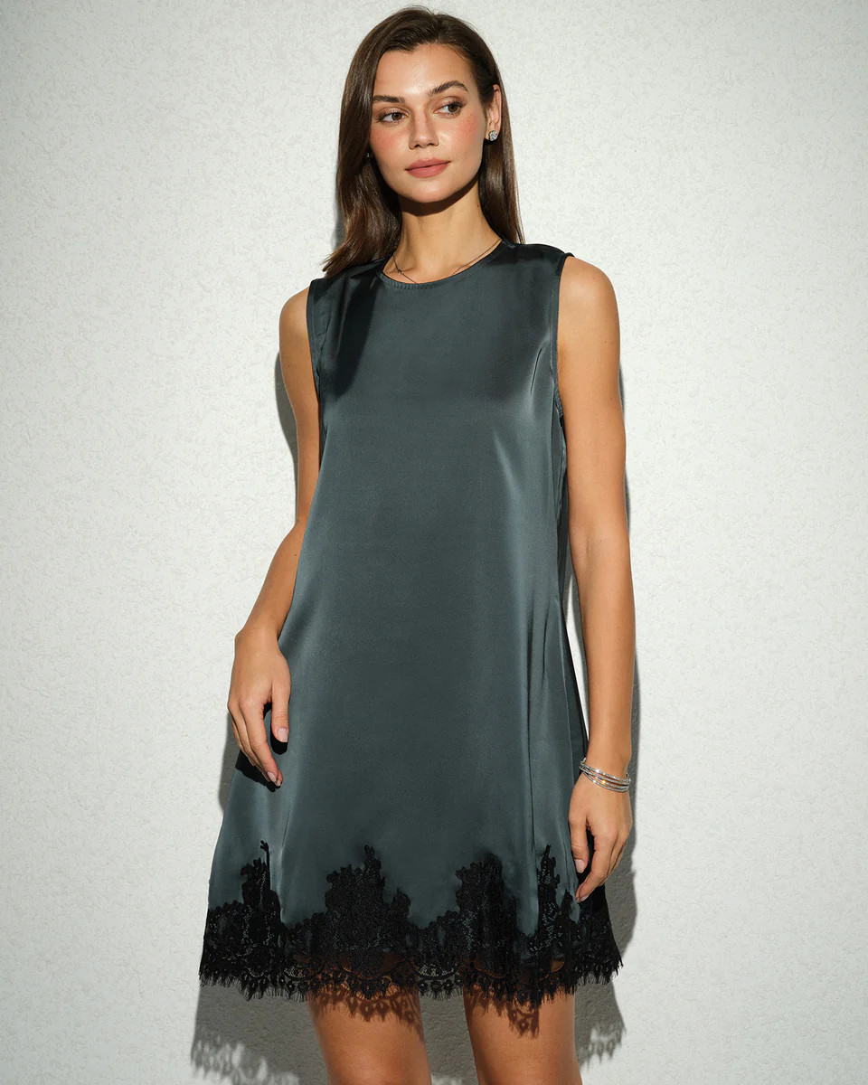 Green Sleeveless Lace Tunic Mini Dress | rihoas.com