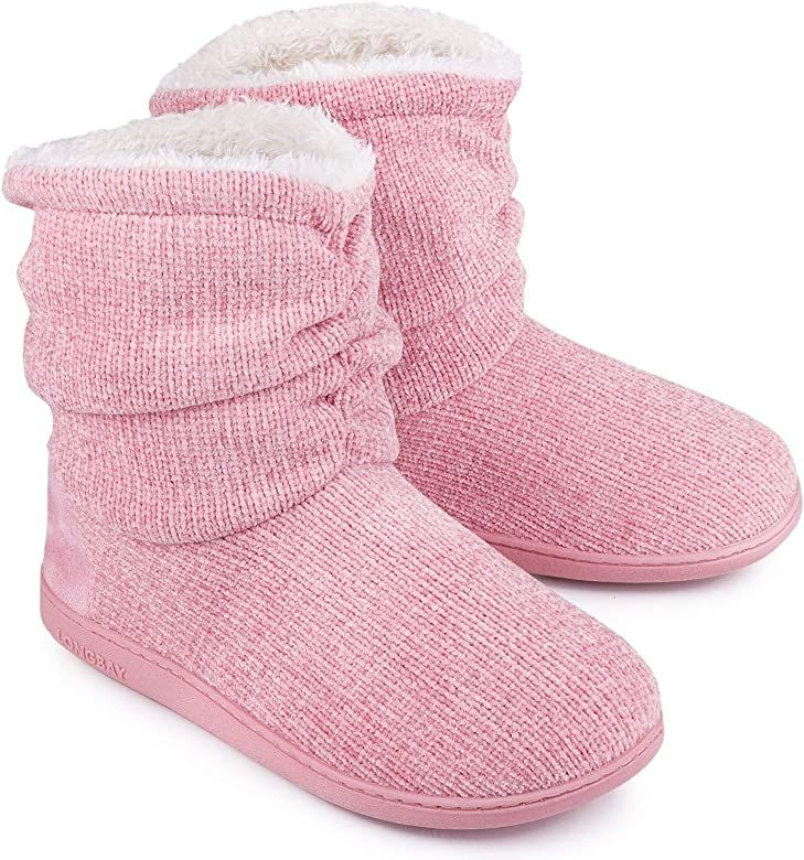 LongBay Women's Chenille Knit Bootie Slippers Cute Plush Fleece Memory Foam House Shoes | Amazon (US)