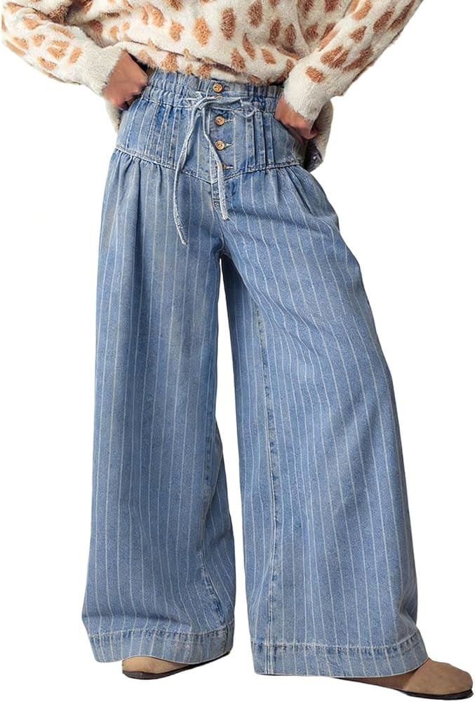 CHARTOU Women's Baggy Wide Leg Denim Pants Drawstring Midi Waisted Flare Jeans Ruffle Pleated But... | Amazon (US)