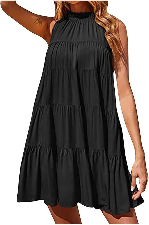 bmkBWO Halter Dress for Women Sleeveless Ruffle Tiered Short Dresses Flowy Swing Beach Dress Plea... | Amazon (US)