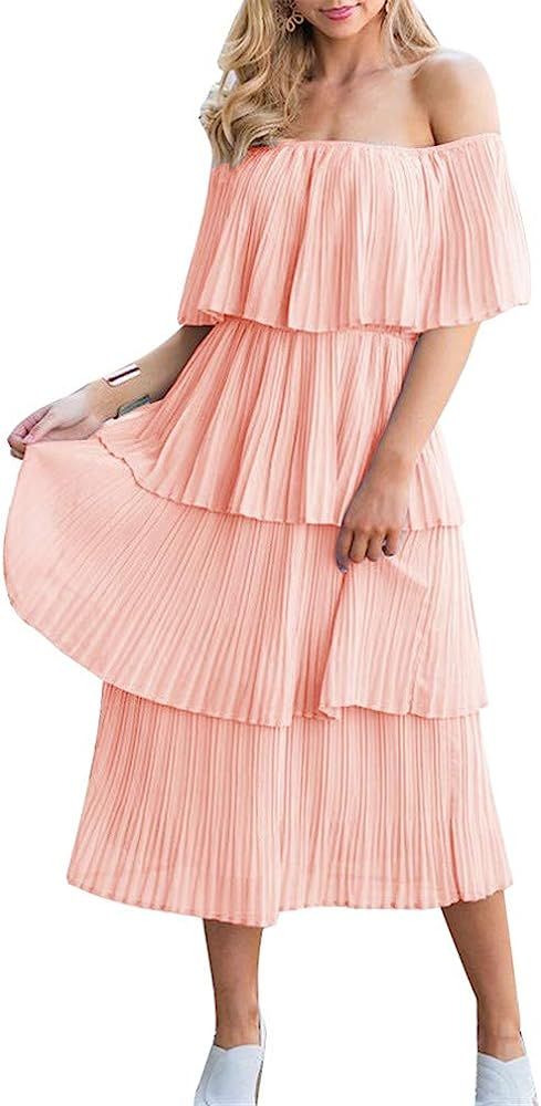 Women's Off The Shoulder Sleeveless Tiered Ruffle Pleated Casual Midi Dress | Amazon (US)