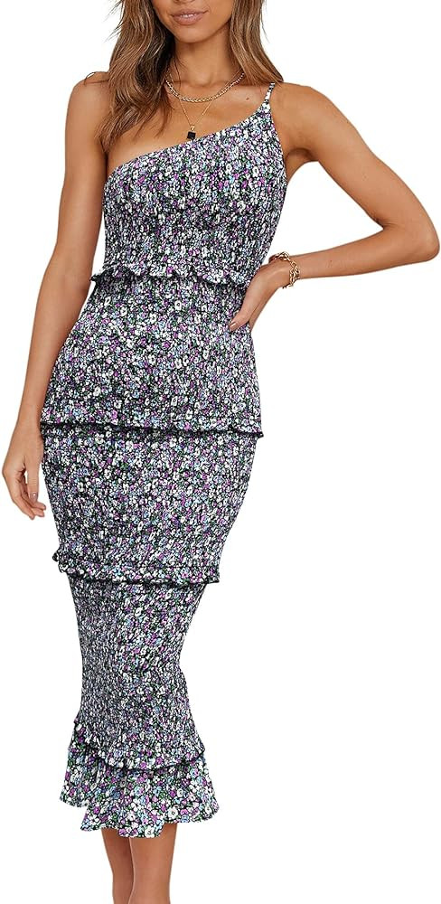 PRETTYGARDEN Women's Summer Midi Bodycon Dresses One Shoulder Strappy Tiered Ruffle Floral Boho S... | Amazon (US)