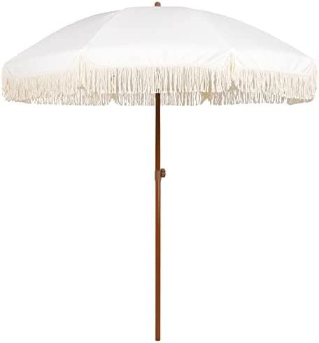 AMMSUN 7ft Patio Umbrella with Fringe Outdoor Tassel Umbrella UPF50+ Wood Color Steel Pole and St... | Amazon (US)