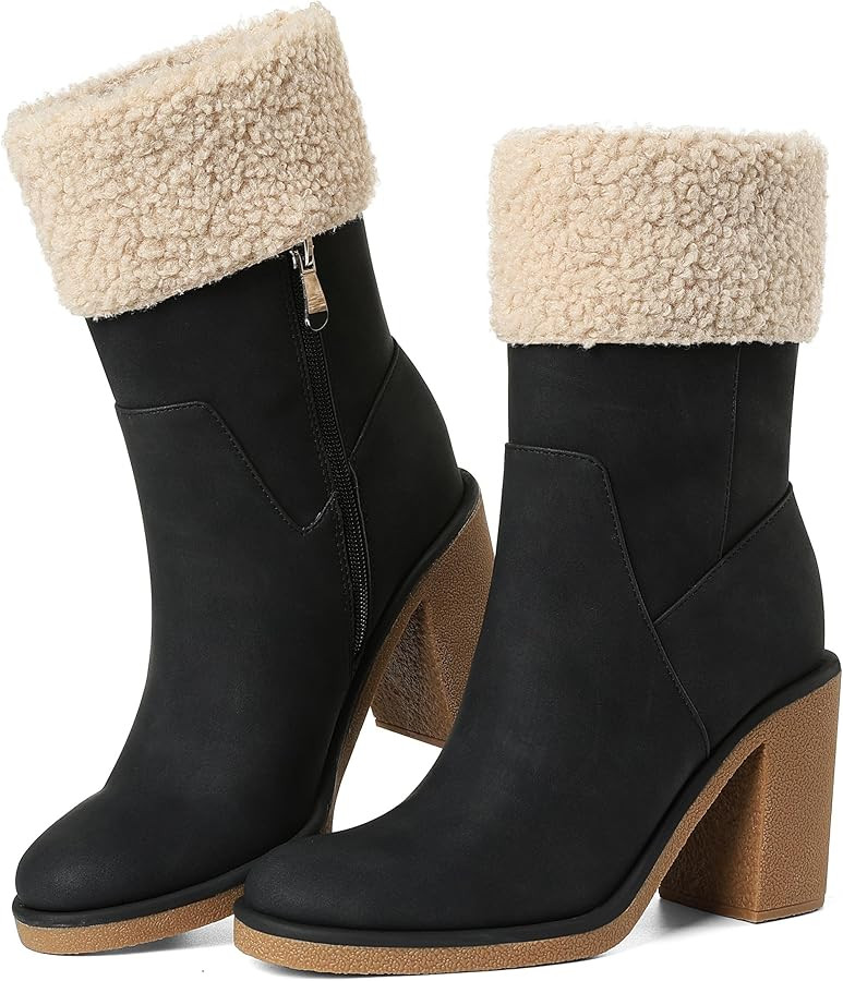 Winter Boots for Women, Comfortable Side Zipper Mid Chunky Heel Suede Warm Fur Snow Ankle Boot Ou... | Amazon (US)