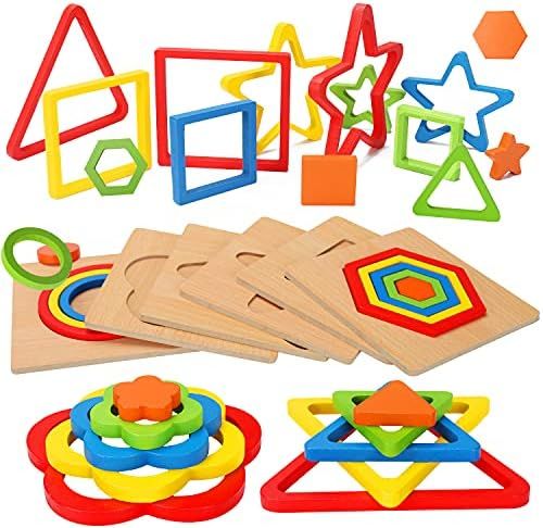 Toddler Puzzles Wooden Toys Montessori Shape Sorting Puzzle Sensory Toys Toddlers Activities Pres... | Amazon (US)