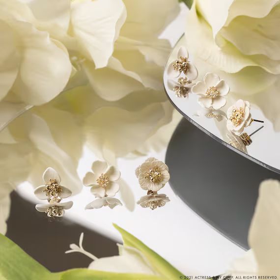 White Dainty Flower Stud Earrings, White Ivory Flower Special Occasion Earrings, Minimalist Flora... | Etsy (US)
