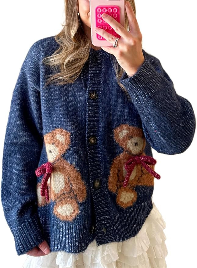 Women Button Down Cardigan Sweaters Cute Bow Bear Knitted Pattern Casual Fall Winter Cardigan Coa... | Amazon (US)