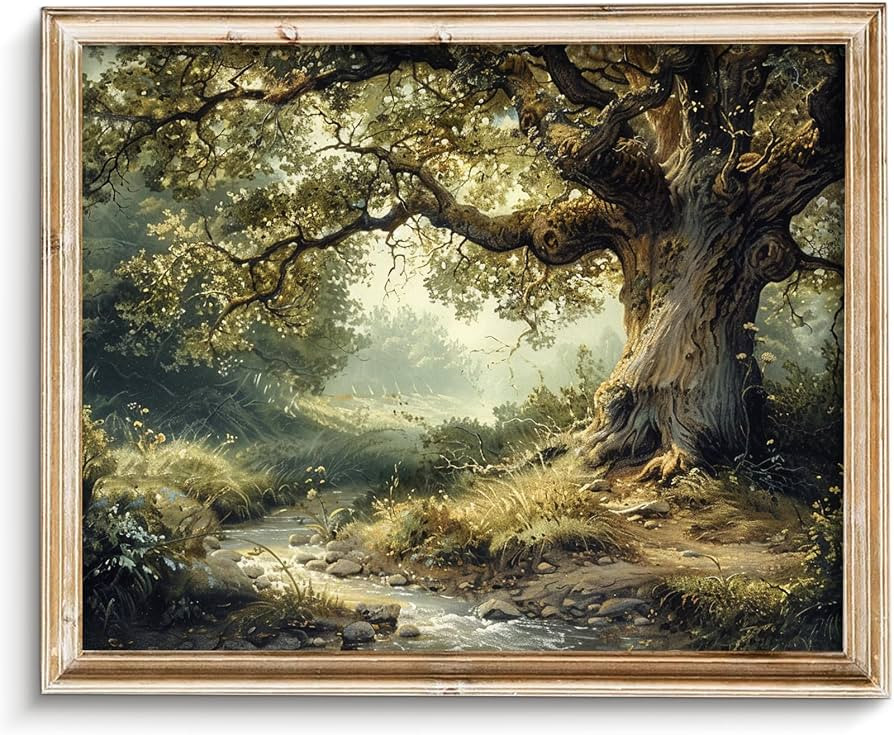 SQGGZH Vintage Landscape Oil Painting Retro Oak Tree by Stream Wall Art Rustic Muted Neutral Colo... | Amazon (US)