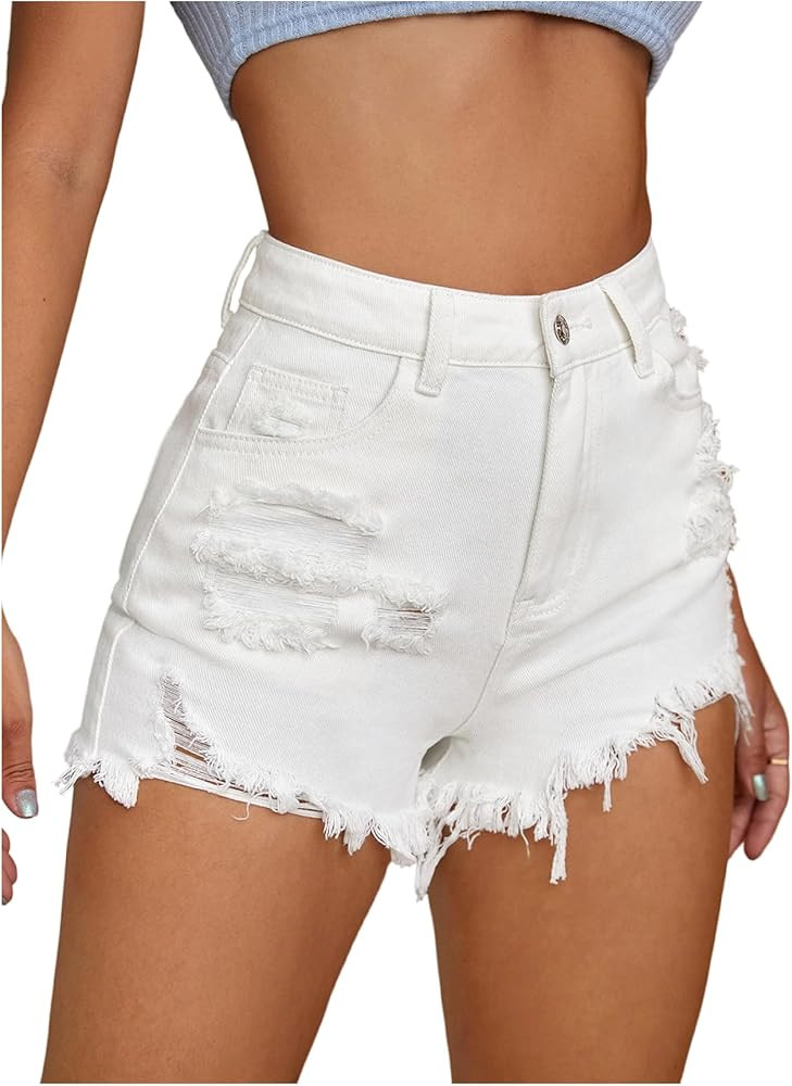 Floerns Women's High Waist Distressed Denim Shorts Raw Hem Straight Leg Jean Shorts | Amazon (US)
