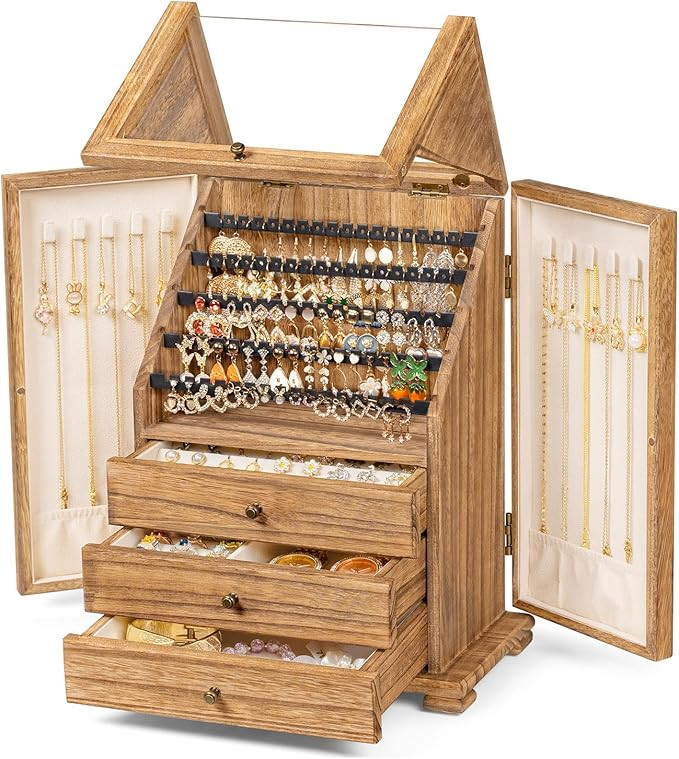 Jewelry Box Organizer, Rustic Wooden Jewelry Boxes for Women Girls, Large Storage Earring Holder ... | Amazon (US)
