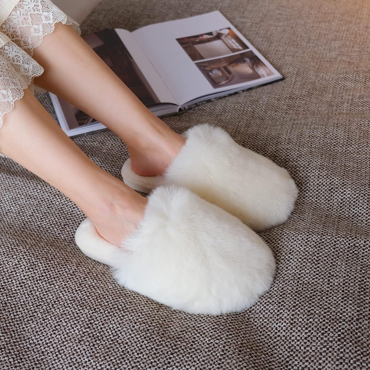 Amazon.com | Women's Furry Slippers Soft Long Fur Plush Fleece Slip On Fluffy House Shoes Warm Co... | Amazon (US)