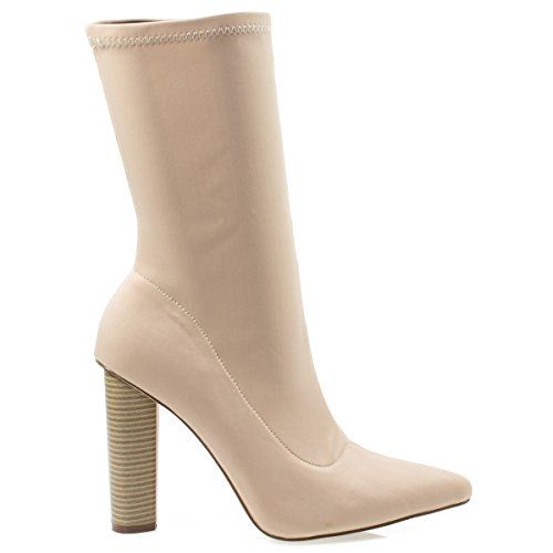 Soft Stretchable Sock Fit Low Calf Bootie w Pointy Toe & Round Stack Heel (11 M US, Nude) | Amazon (US)