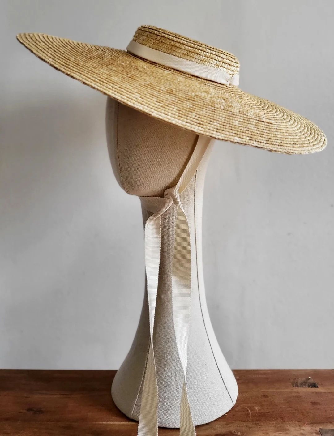 Wide Brimmed Straw Boater Hat With Cream Coloured Ribbons - Etsy | Etsy (US)
