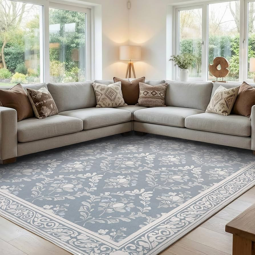 SOULFUL Medium Pile 8x10 Rugs for Living Room - Soft Underfoot Large Area Rug - Greige Boho Flora... | Amazon (US)