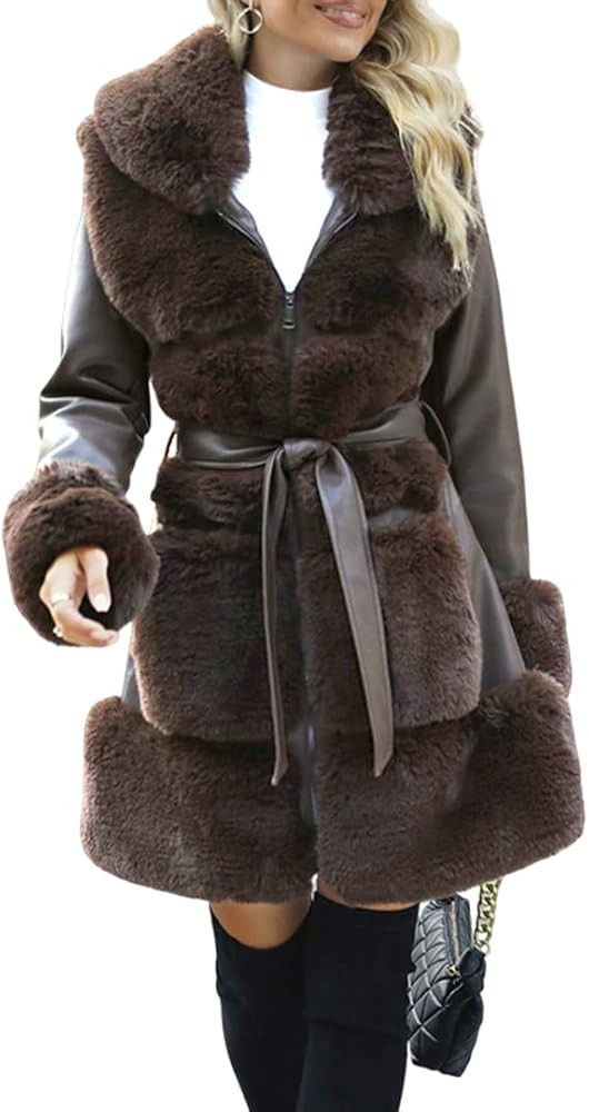 Bellivera Women's Wool Pea Coat Faux Fur Jacket Winter Warm Parka Overcoat with Belt | Amazon (US)